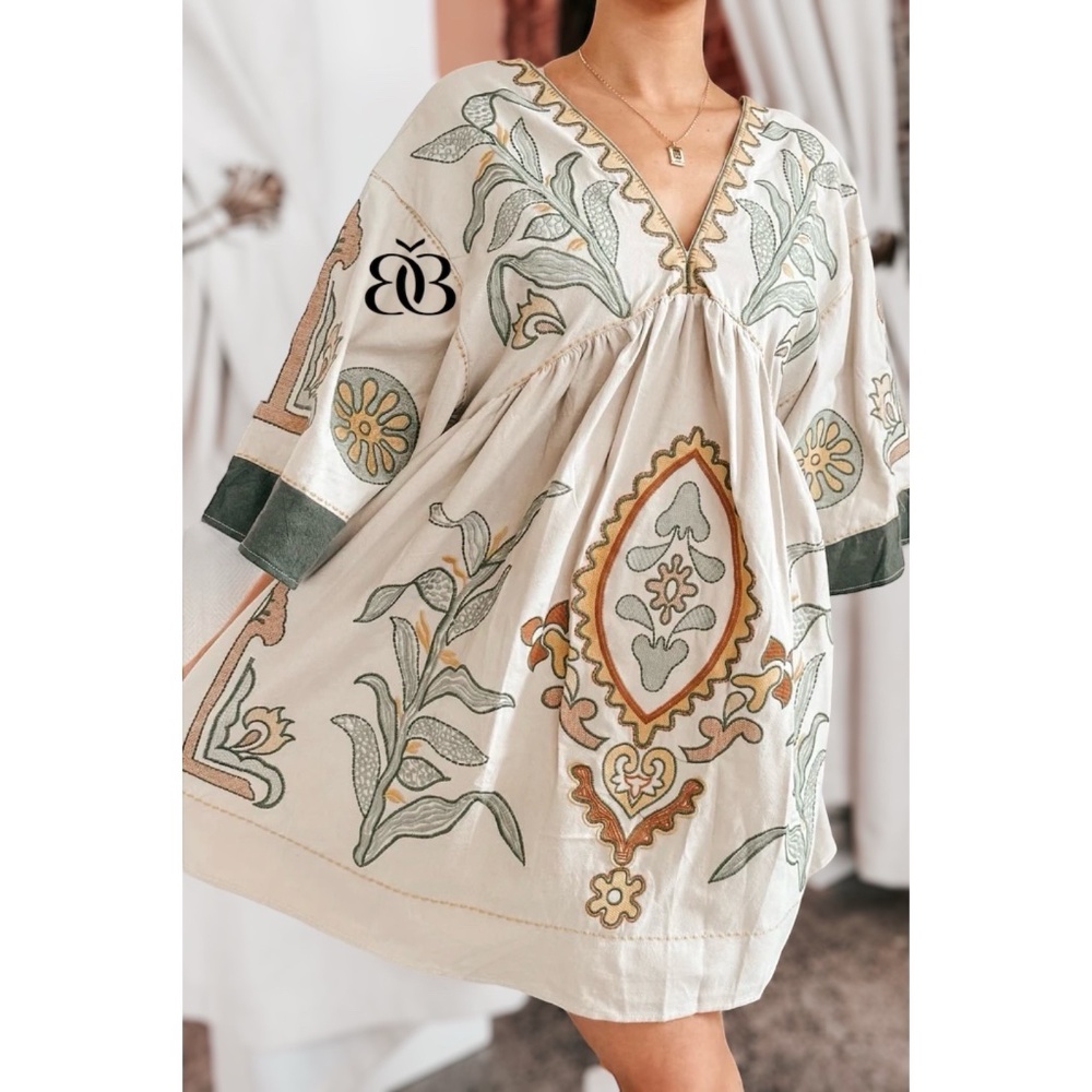 Beige & Green Boho Embroidered V Neck 3/4 Sleeve Babydoll Mini Dress - Picture 3 of 16